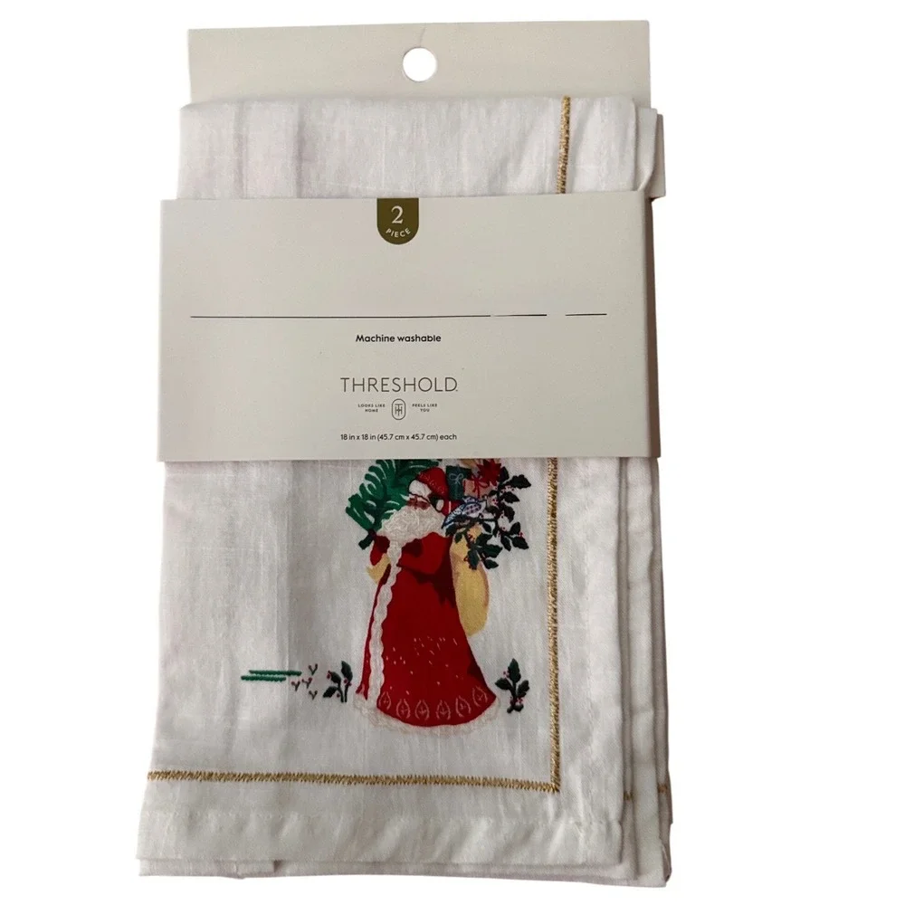 Threshold Christmas Napkins Set of 2 White Embroidered Santa Gold Trim new‎
